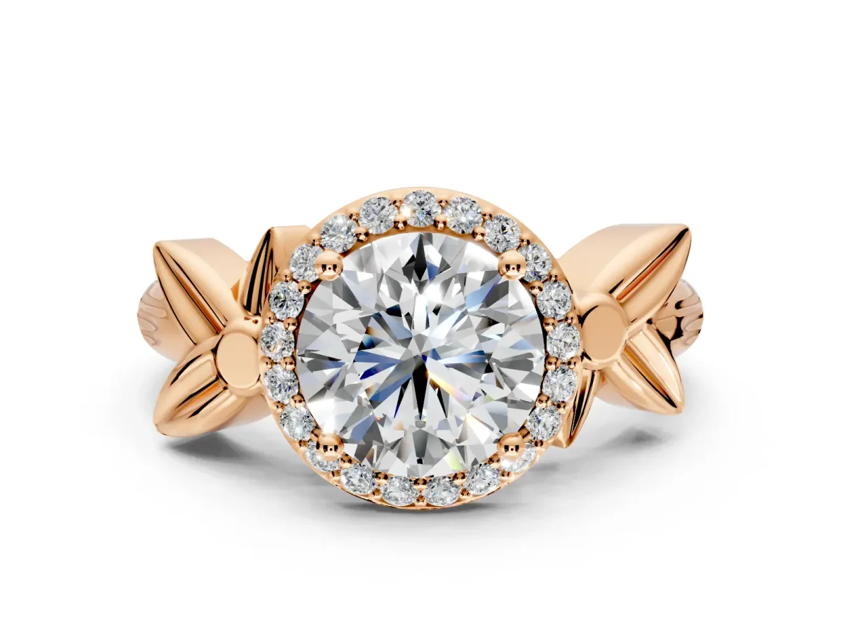 Halo Engagement Ring Setting for Round Cut Center with Floral Band and Prong Head in Rose Gold
