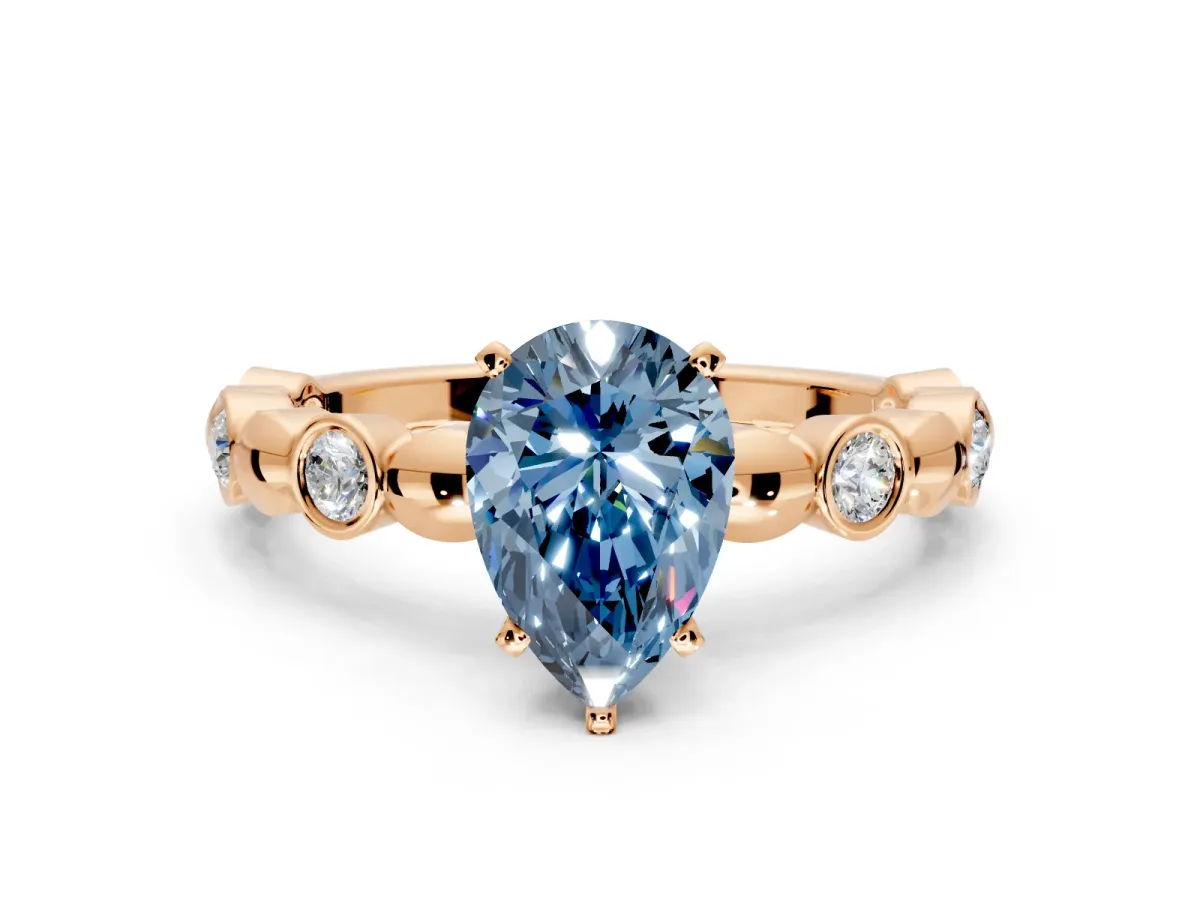 Solitaire Engagement Ring Setting for Fancy Blue Pear-Shaped Center with Beaded Bezel Station Band and Prong Head in Rose Gold