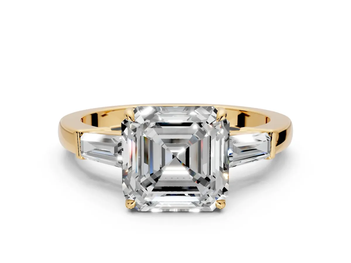 3 Stone Engagement Ring Setting for Asscher Cut Center with Baguette Accents and Prong Head in Yellow Gold
