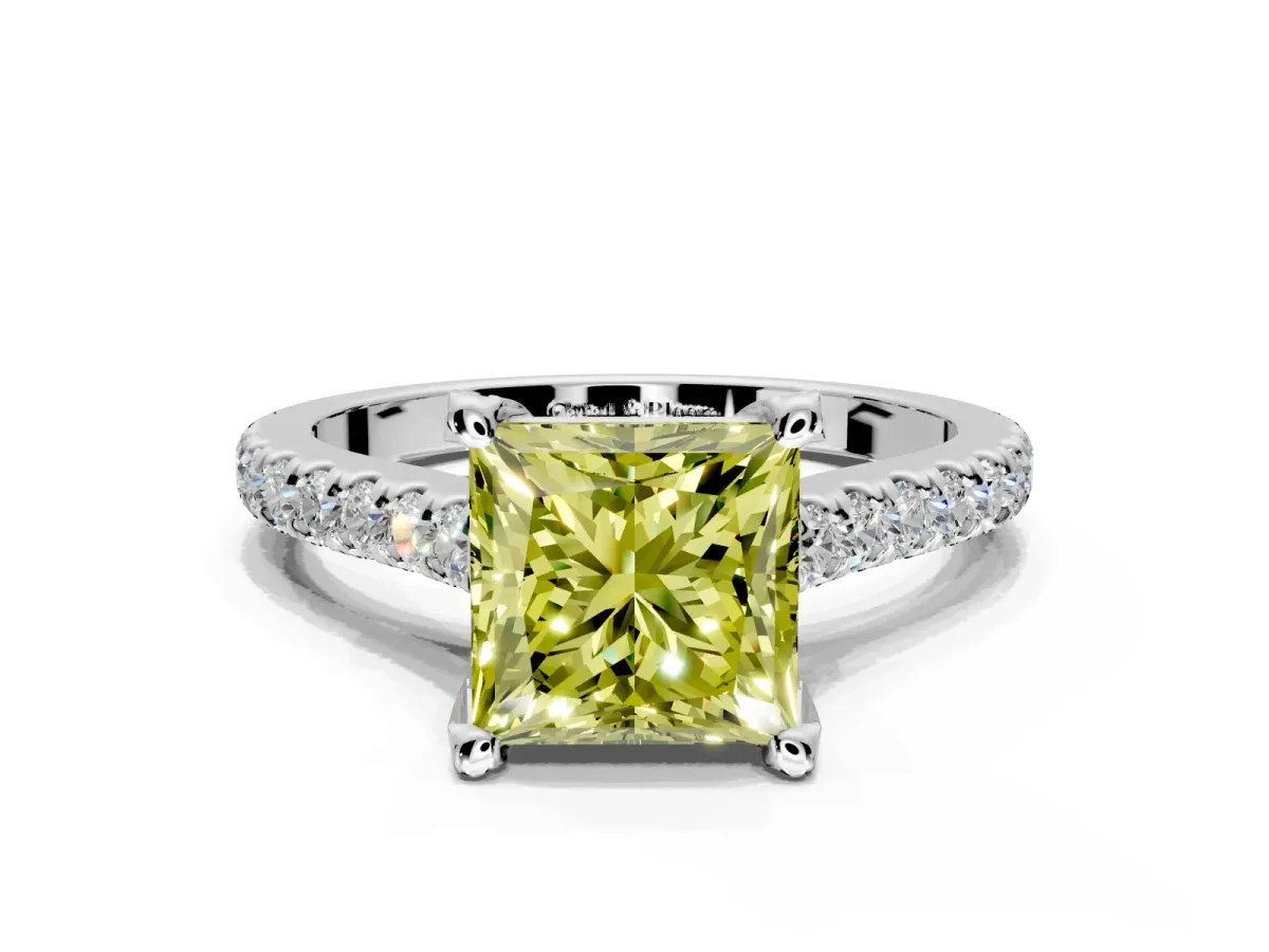 Solitaire Engagement Ring Setting for Fancy Yellow Princess Cut Center with Widening Pave Band and Claw Prong Head in White Gold