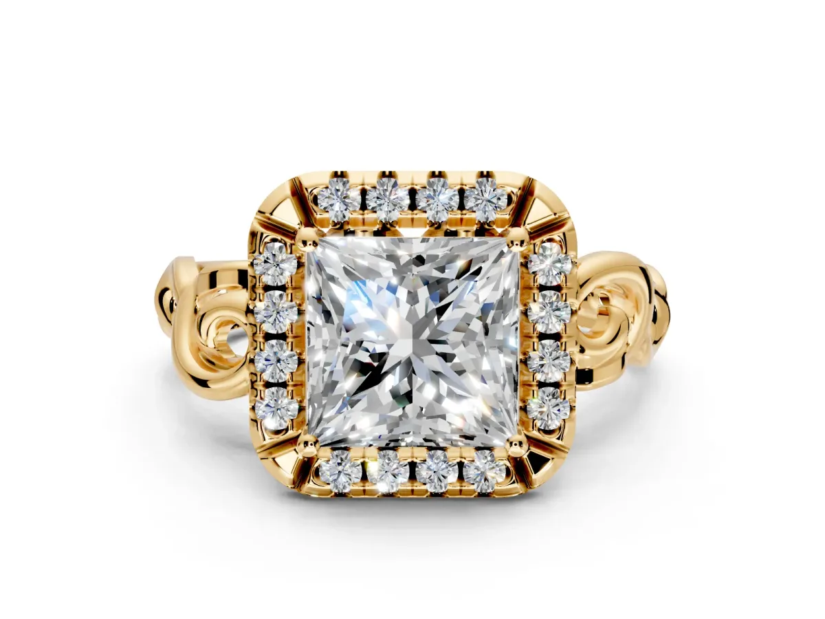 Halo Engagement Ring Setting for Princess Cut Center with Open Scroll Shoulders and Prong Head in Yellow Gold