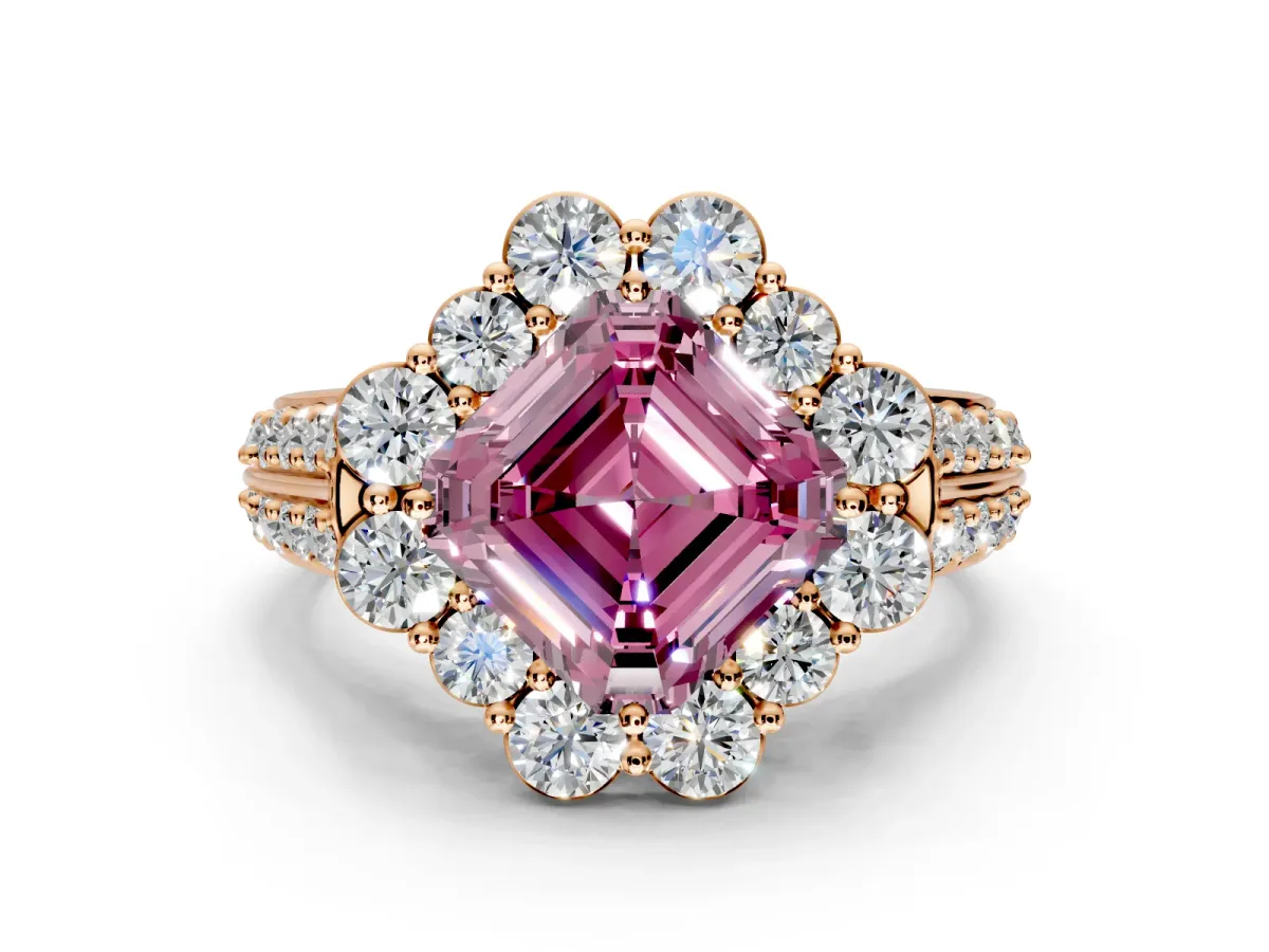 Large Accent Halo Engagement Ring Setting for Fancy Pink Asscher Cut Center with Pave Split Shank and Prong Head in Rose Gold