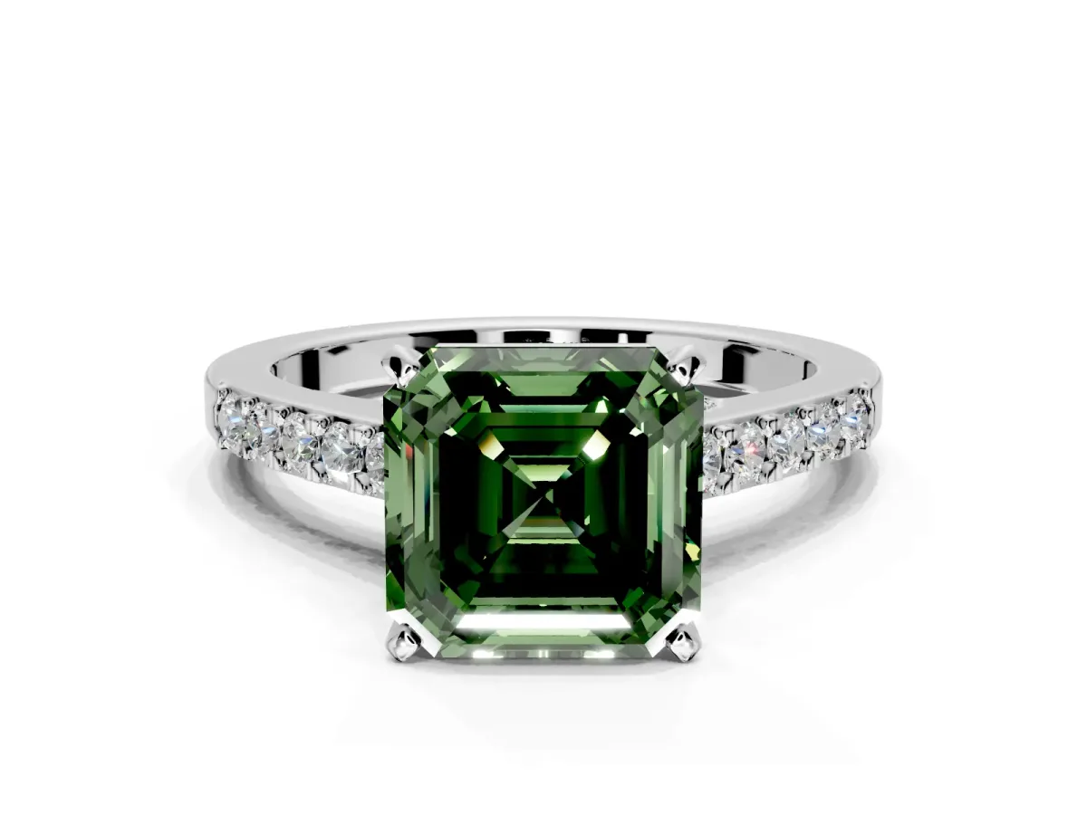 Solitaire Engagement Ring Setting for Fancy Green Asscher Cut Center with Crossover Accents and Prong Head in Sterling Silver