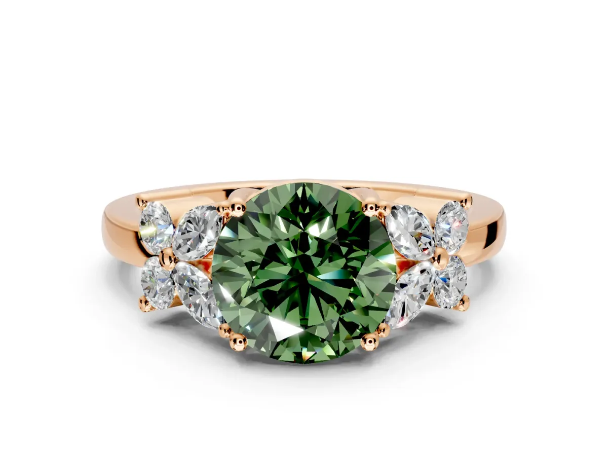 Floral Engagement Ring Setting for Fancy Green Round Cut Center with Marquise Cluster Shoulders and Prong Head in Rose Gold