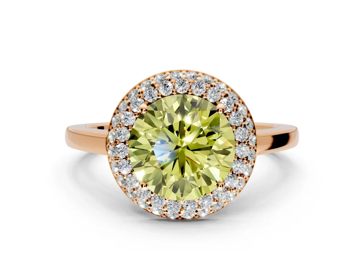 Halo Engagement Ring Setting for Fancy Yellow Round Cut Center with Plain Tapered Band and Prong Head in Rose Gold