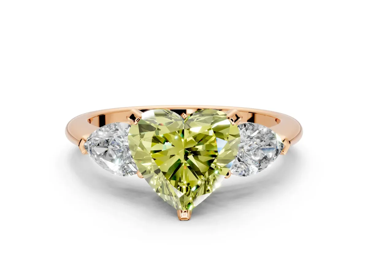 3 Stone Engagement Ring Setting for Fancy Yellow Heart-Shaped Center with Large Pear-Shaped Accents and Prong Head in Rose Gold