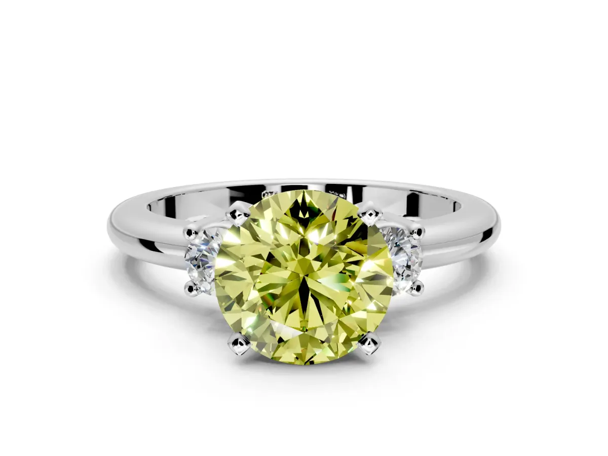 3 Stone Engagement Ring Setting for Fancy Yellow Round Cut Center with Wide Plain Band and Prong Head in Platinum