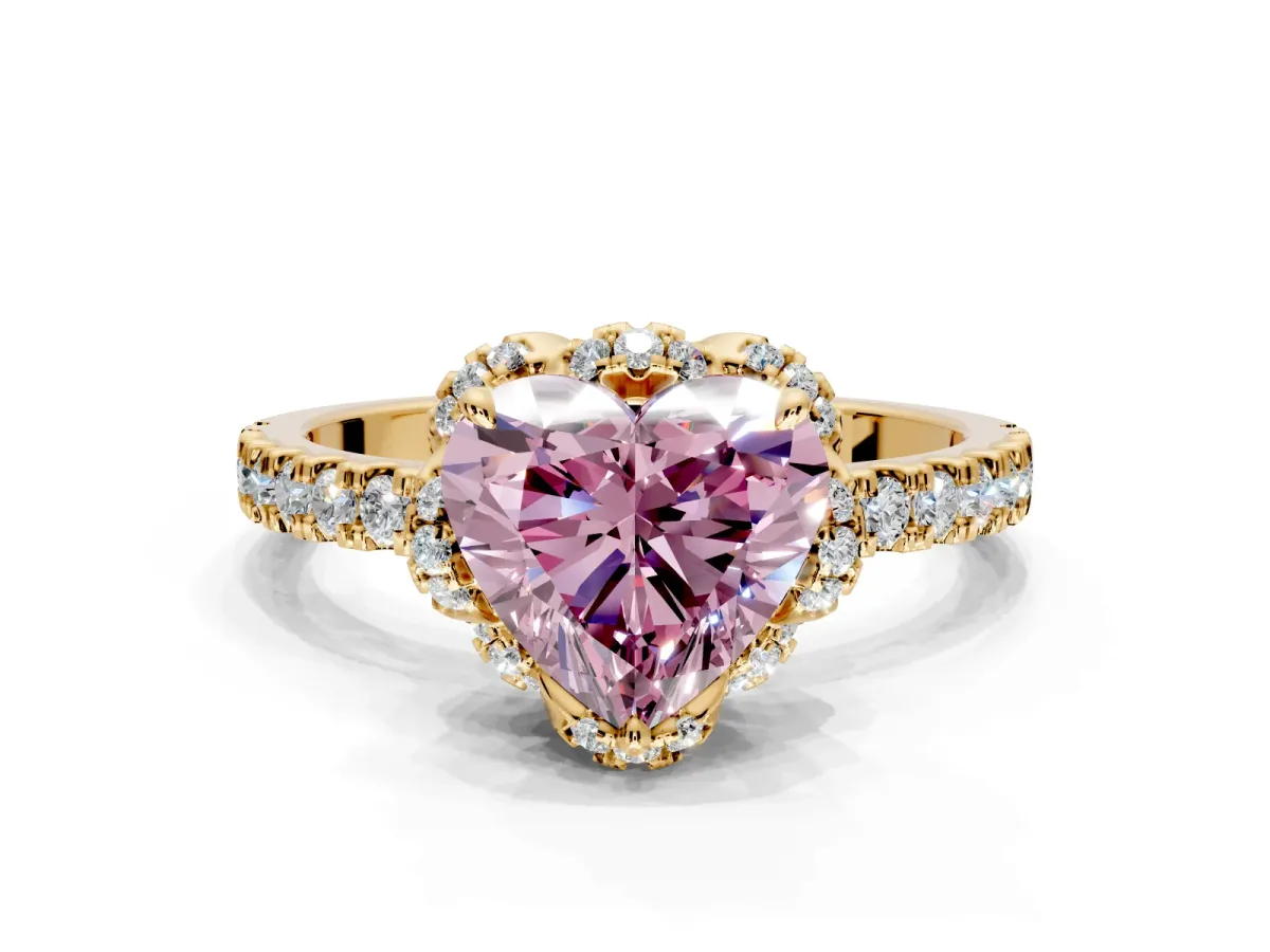 Halo Engagement Ring Setting for Fancy Pink Heart-Shaped Center with Openwork Halo, Pave Band and Prong Head in Yellow Gold