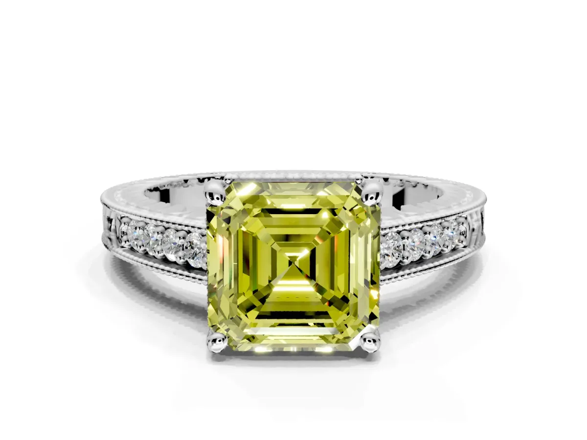 Engraved Engagement Ring Setting for Fancy Yellow Asscher Cut Center with Milgrain Pave Band and Prong Head in Platinum
