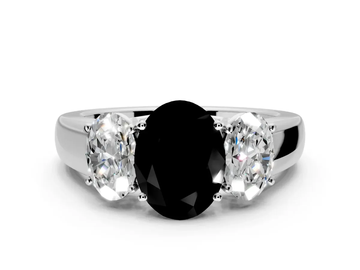 3 Stone Engagement Ring Setting for Fancy Black Oval Center with Raised Basket Heads and Prong Head in Platinum
