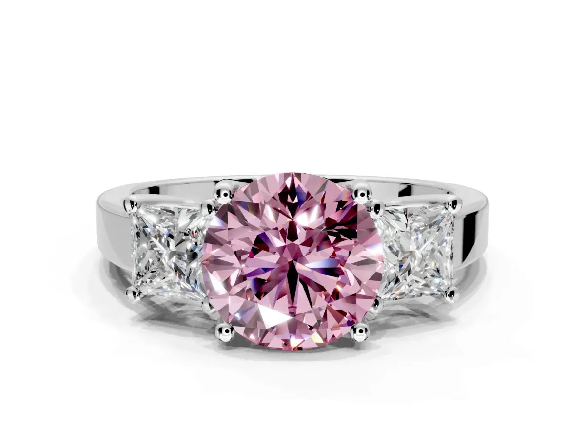 3 Stone Engagement Ring Setting for Fancy Pink Round Cut Center with Matching Side Accents and Prong Head in Platinum