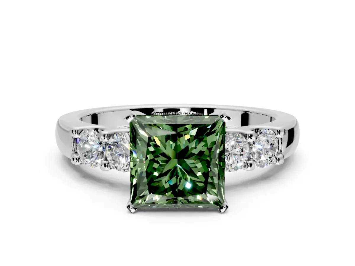 5 Stone Engagement Ring Setting for Fancy Green Princess Cut Center with Plain Band and Prong Head in White Gold
