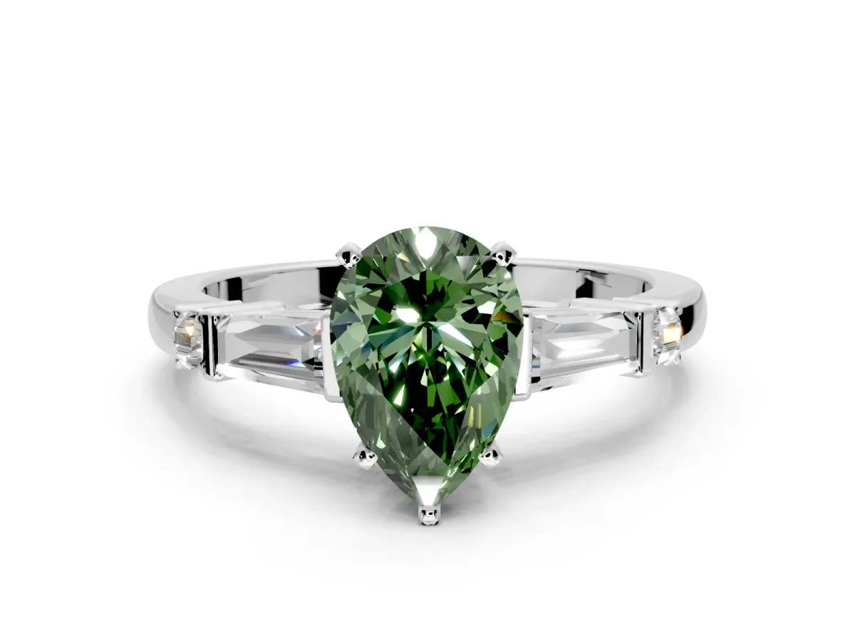 Bar-Set Engagement Ring Setting for Fancy Green Pear-Shaped Center with Tapered Baguette Accents and Prong Head in Platinum