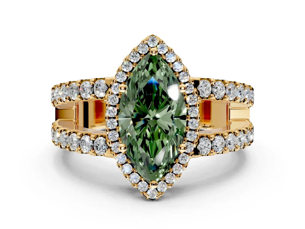 Halo Engagement Ring Setting for Fancy Green Marquise Center with Wide-Open Pave Split Shank and Prong Head in Yellow Gold