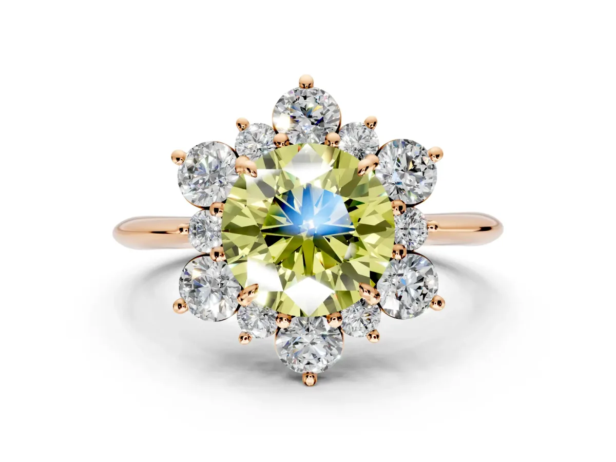 Small-Accent Cluster Halo Engagement Ring Setting for Fancy Yellow Round Cut Center with Plain Band and Prong Head in Rose Gold