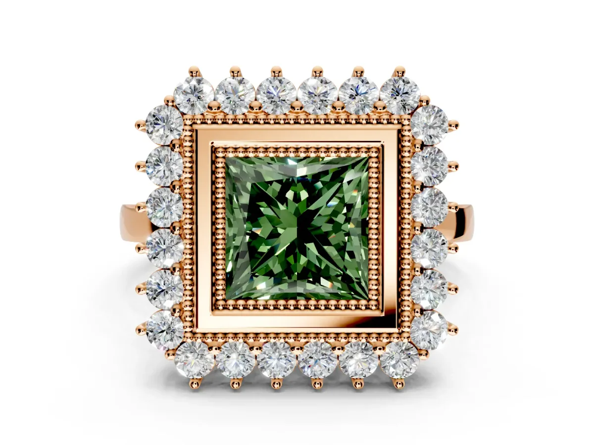 Halo Engagement Ring Setting for Fancy Green Princess Cut Center with Milgrain Bezel Rim, Plain Band and Prong Head in Rose Gold