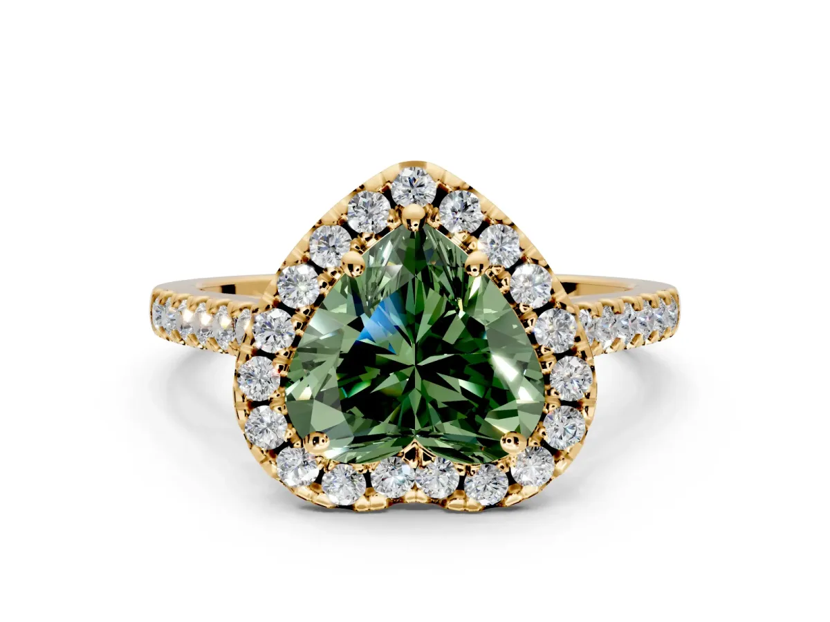 Halo Engagement Ring Setting for Fancy Green Heart-Shaped Center with Raised Halo, Pave Band and Prong Head in Yellow Gold