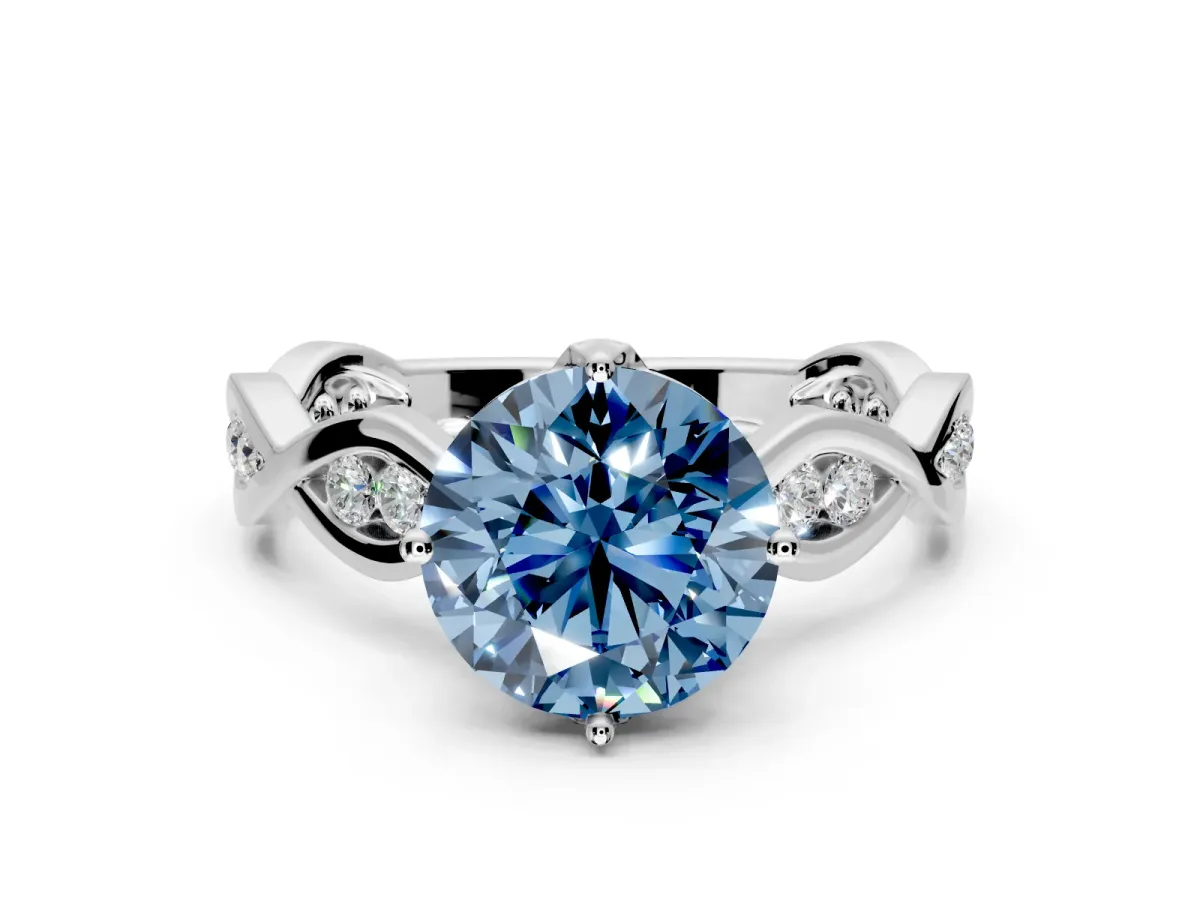 Solitaire Engagement Ring Setting for Fancy Blue Round Cut Center with Accented Twist Band and Leaf Prong Head in Sterling Silver