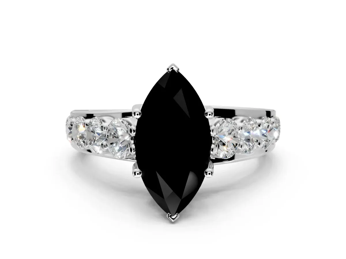 Solitaire Engagement Ring Setting for Fancy Black Marquise Center with Graduated Shared Prongs and Prong Head in Platinum