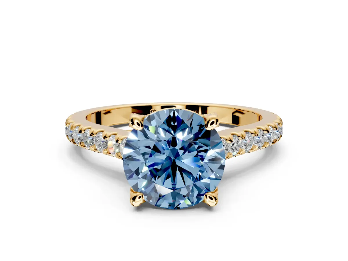 Solitaire Engagement Ring Setting for Fancy Blue Round Cut Center with Widening Pave Band and Claw Prong Head in Yellow Gold
