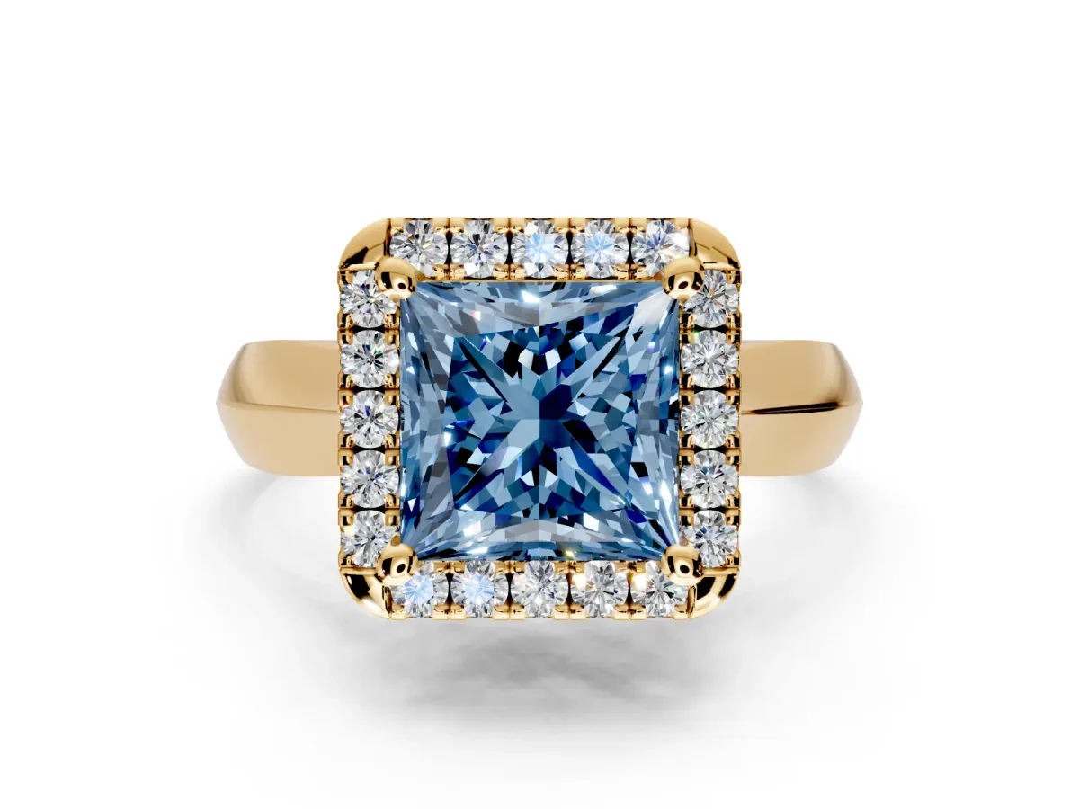 Halo Engagement Ring Setting for Fancy Blue Princess Cut Center with Square Band and Prong Head in Yellow Gold