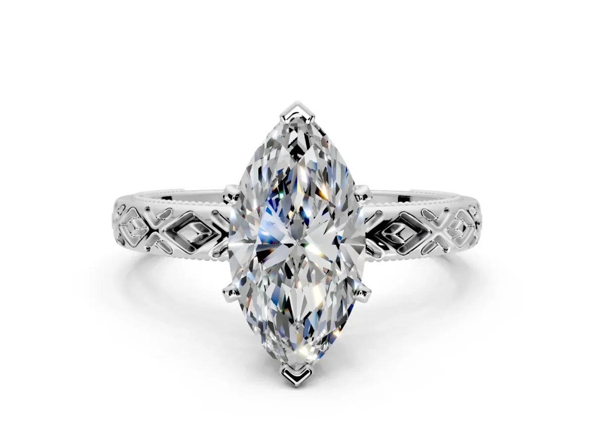 Solitaire Engagement Ring Setting for Marquise Center with Milgrain X Pattern Band and Prong Head in Platinum