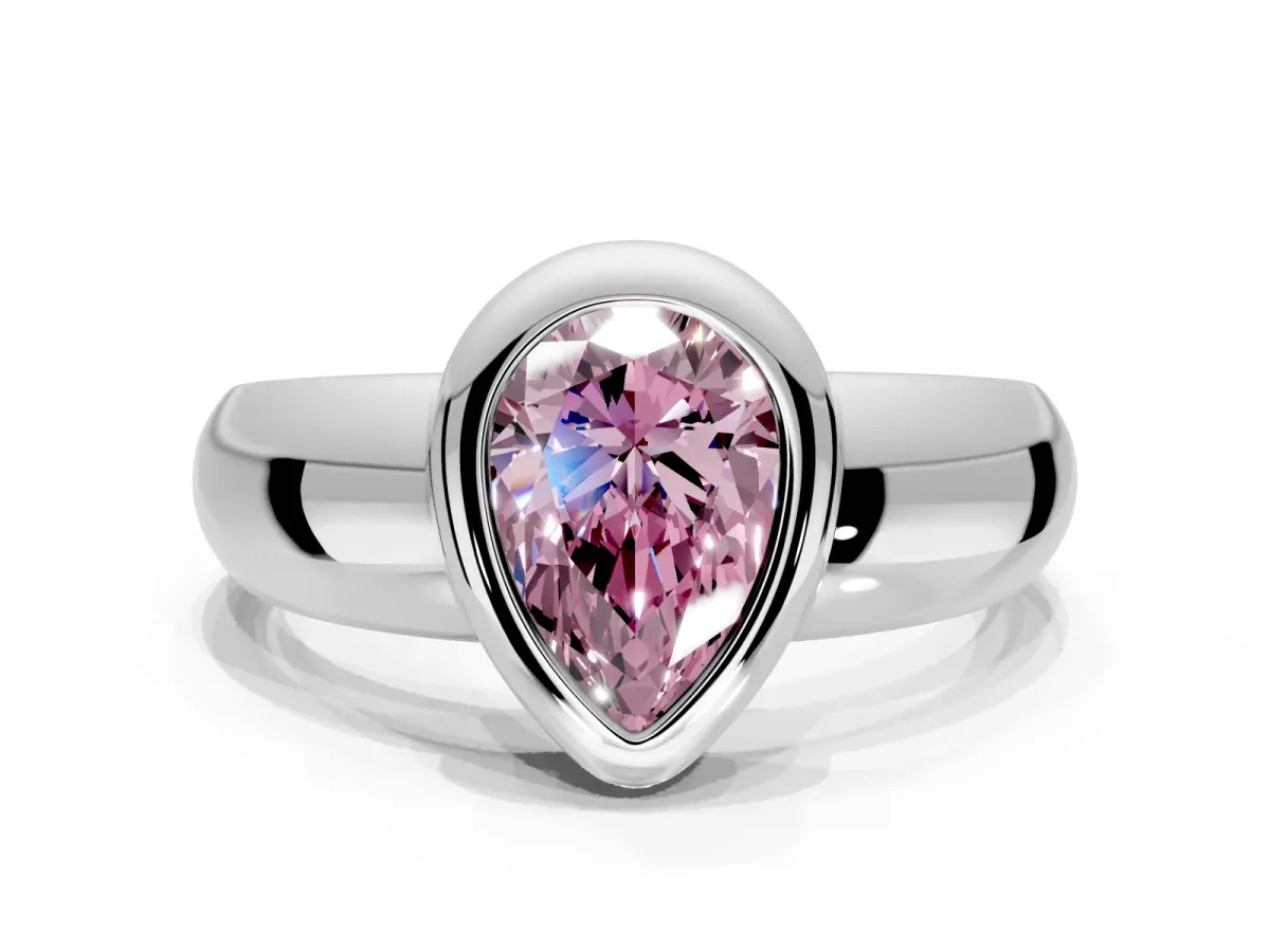 Solitaire Engagement Ring Setting for Fancy Pink Pear-Shaped Center with Wide Band and Bezel Head in Sterling Silver