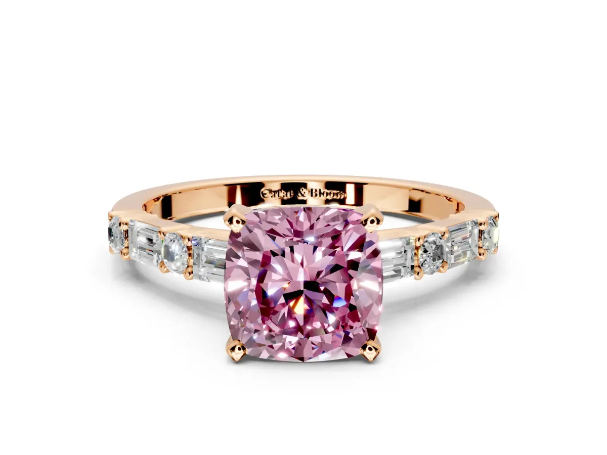 Baguette Engagement Ring Setting for Fancy Pink Cushion Cut Center with Alternating Bar-Set Band and Prong Head in Rose Gold
