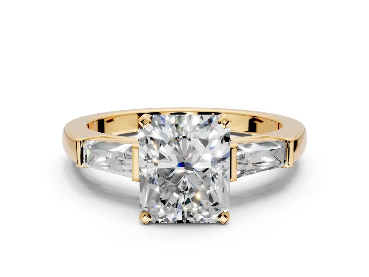 3 Stone Engagement Ring Setting for Radiant Cut Center with Tapered Baguettes, Plain Band and Prong Head in Yellow Gold