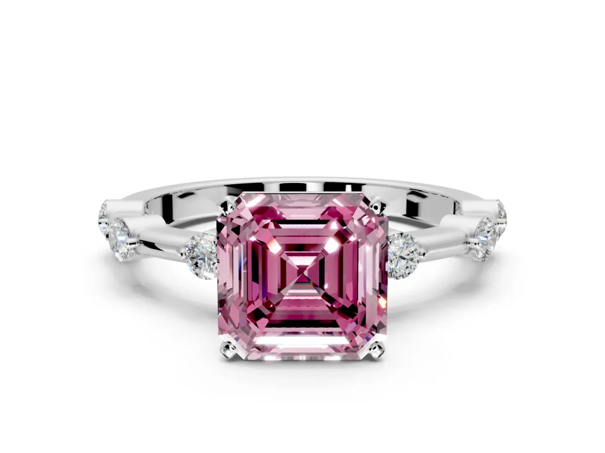 Solitaire Engagement Ring Setting for Fancy Pink Asscher Cut Center with Bezel Station Band and Prong Head in Platinum