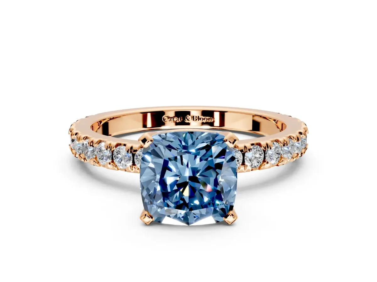 Solitaire Engagement Ring Setting for Fancy Blue Cushion Cut Center with Fine Pave Band and Claw Prong Head in Rose Gold