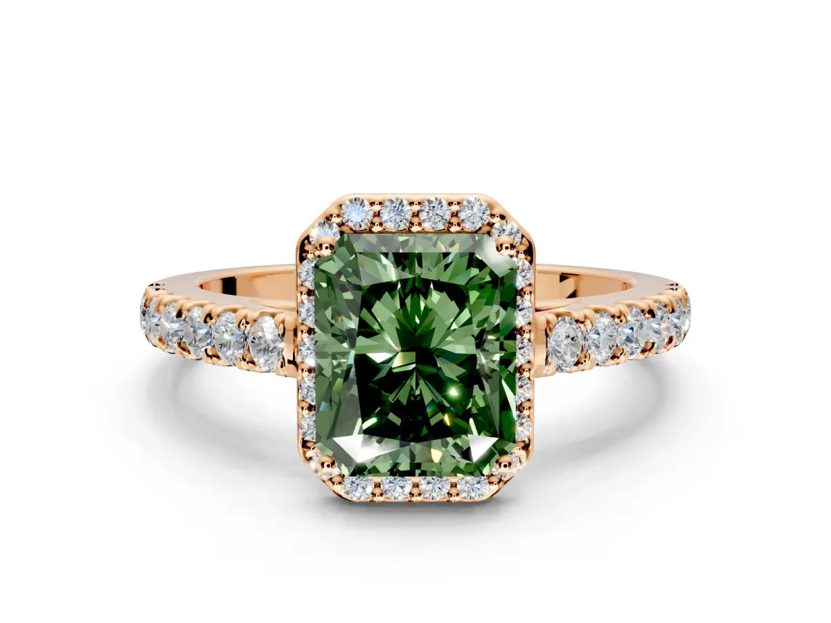 Halo Engagement Ring Setting for Fancy Green Radiant Cut Center with Full Pave Band and Prong Head in Rose Gold