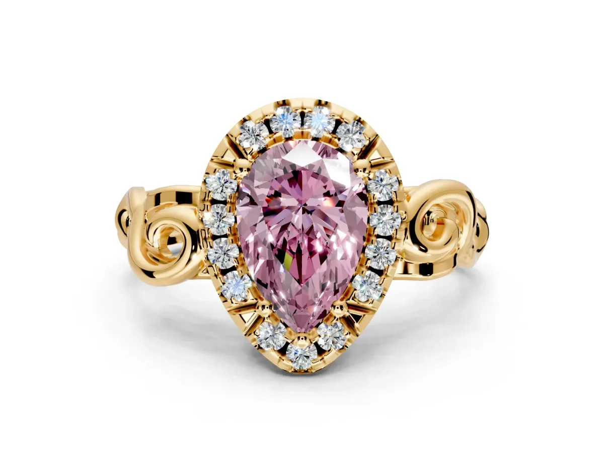 Halo Engagement Ring Setting for Fancy Pink Pear-Shaped Center with Open Scroll Shoulders and Prong Head in Yellow Gold