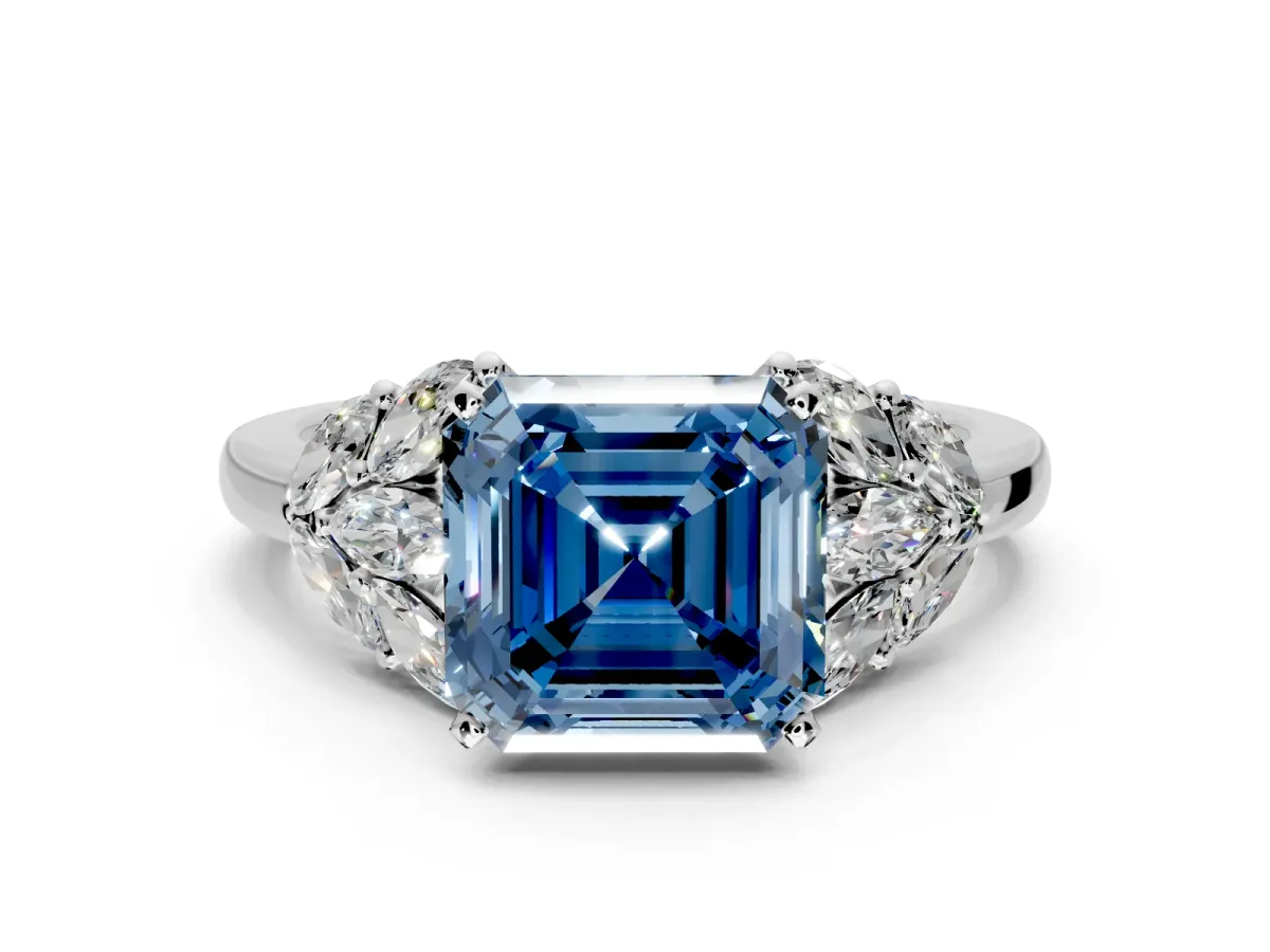 Leaf Cluster Engagement Ring Setting for Fancy Blue Asscher Cut Center with Marquise Accents and Prong Head in Sterling Silver