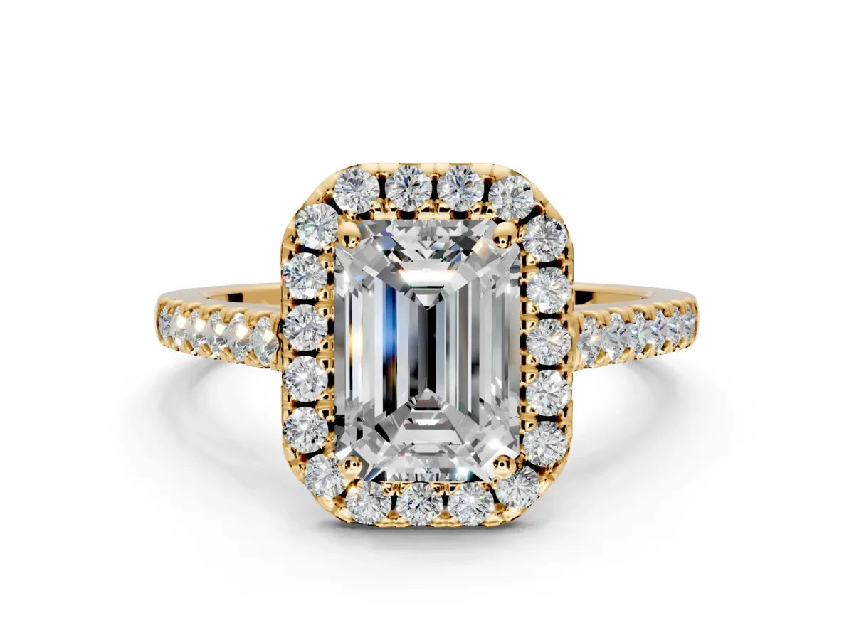 Halo Engagement Ring Setting for Emerald Cut Center with Narrowing Pave Band and Prong Head in Yellow Gold