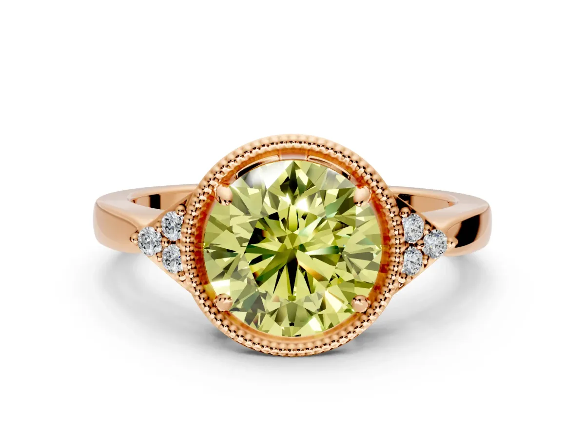 Cluster Engagement Ring Setting for Fancy Yellow Round Cut Center with Milgrain Shoulder Clusters and Prong Head in Rose Gold