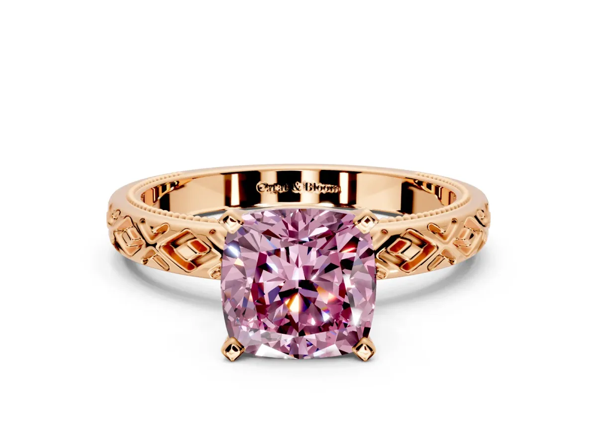 Solitaire Engagement Ring Setting for Fancy Pink Cushion Cut Center with Milgrain X Pattern Band and Prong Head in Rose Gold