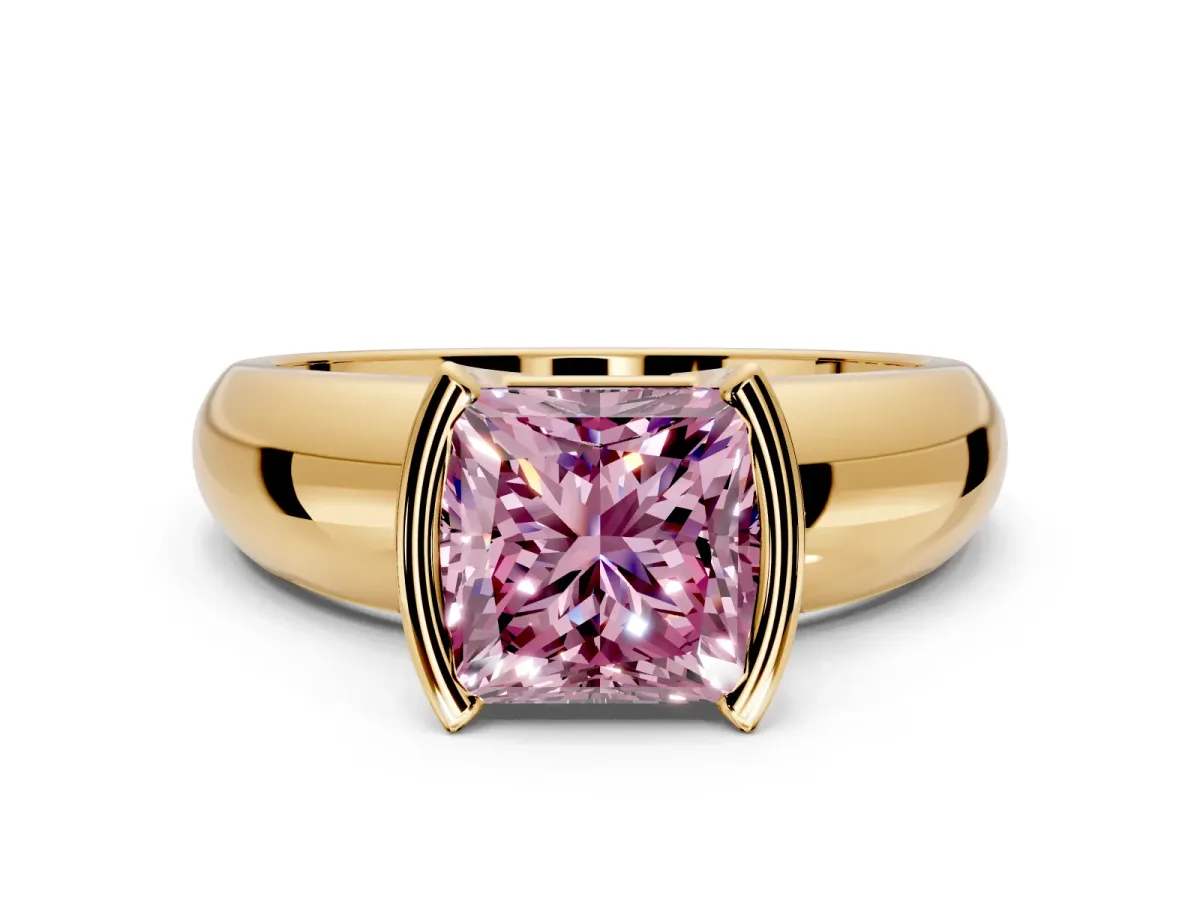 Tension Engagement Ring Setting for Fancy Pink Princess Cut Center with Wide Flat Band and Tension Head in Yellow Gold