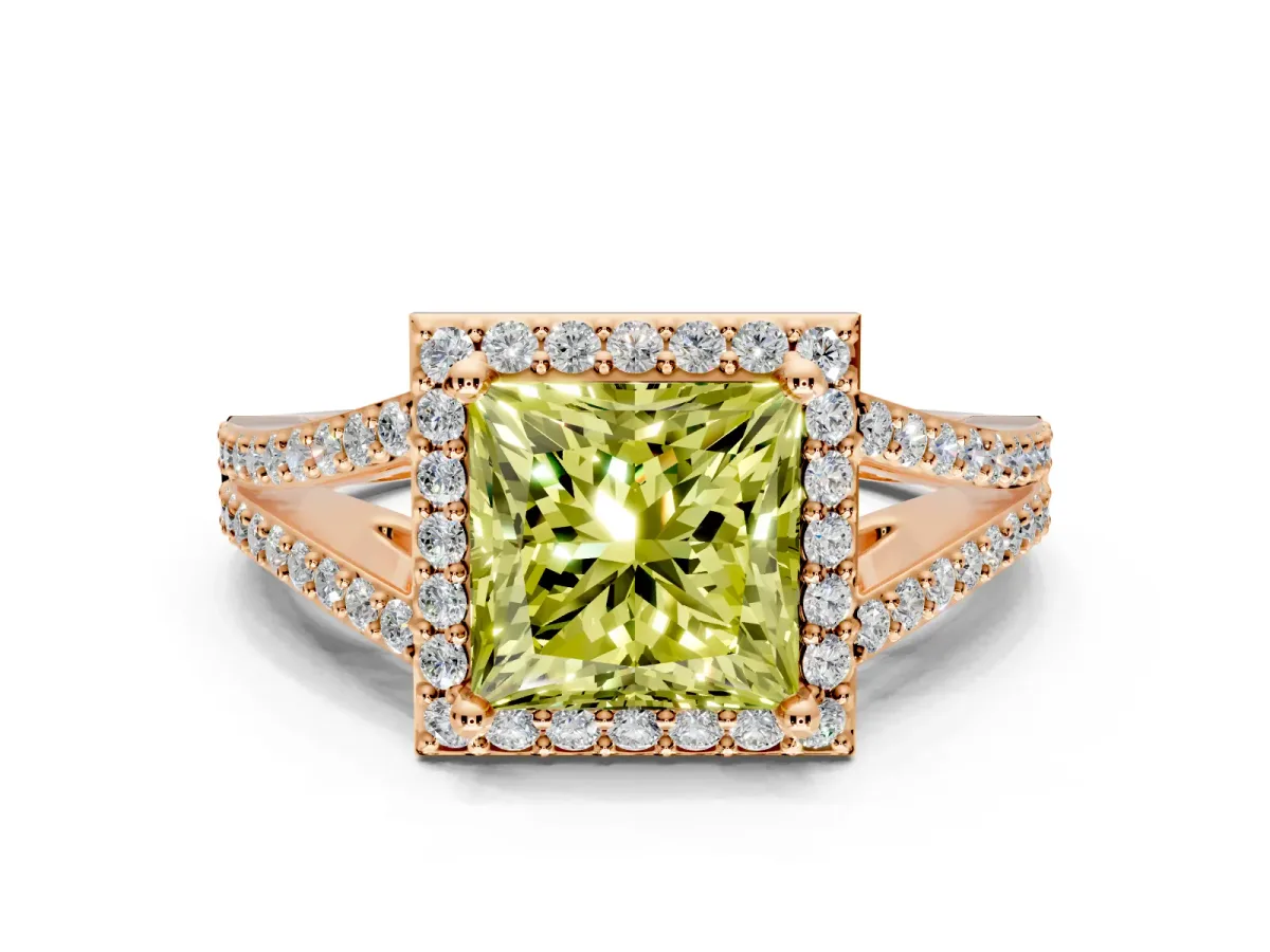Halo Engagement Ring Setting for Fancy Yellow Princess Cut Center with Pave Split Shank and Prong Head in Rose Gold