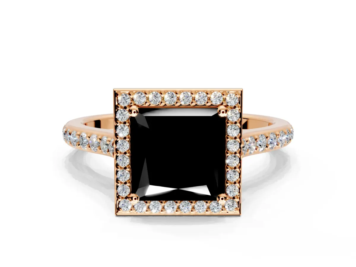 Halo Engagement Ring Setting for Fancy Black Princess Cut Center with Pave Accents, Heart Basket and Prong Head in Rose Gold