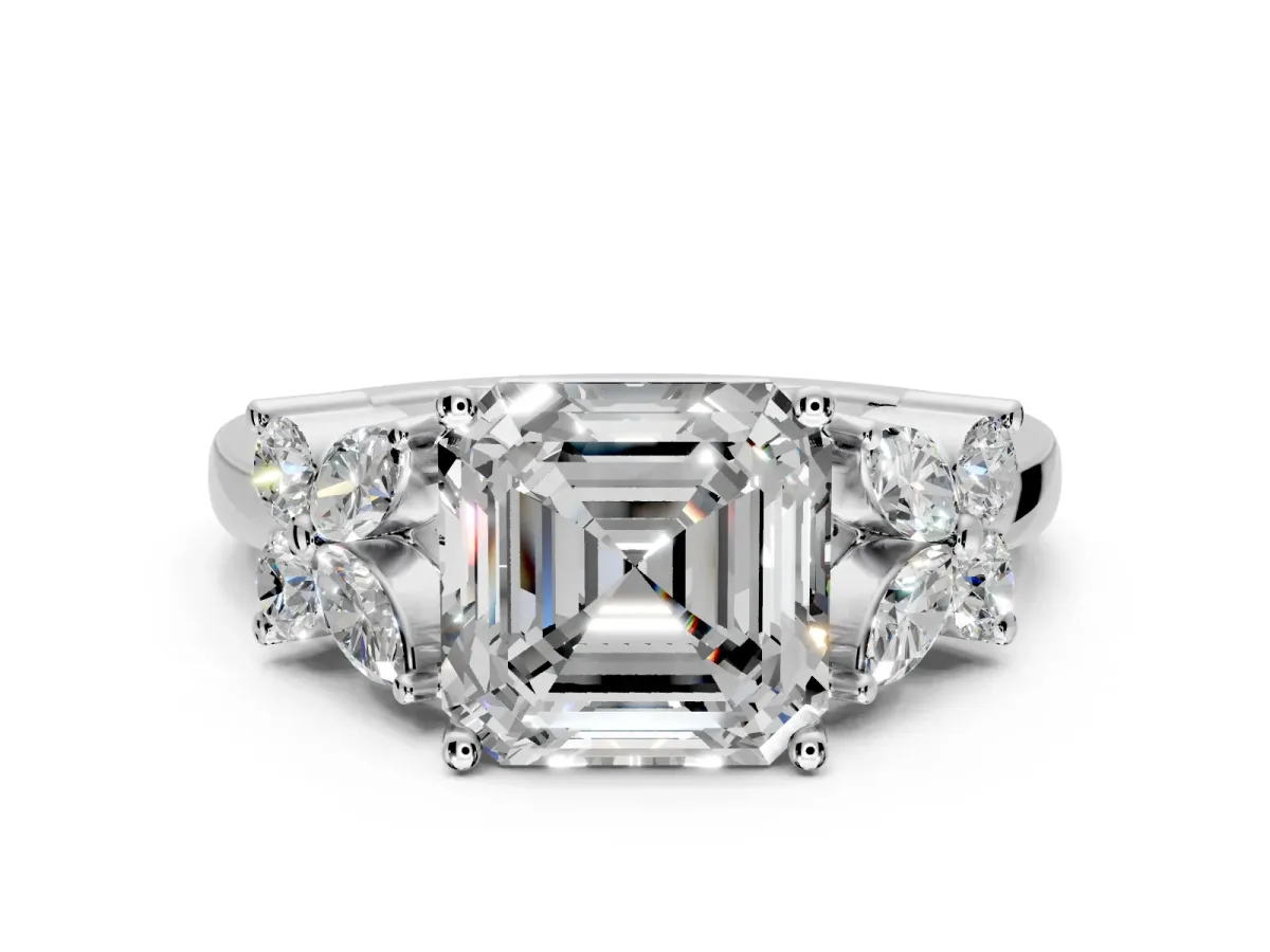 Floral Engagement Ring Setting for Princess Cut Center with Marquise Cluster Shoulders and Prong Head in Platinum
