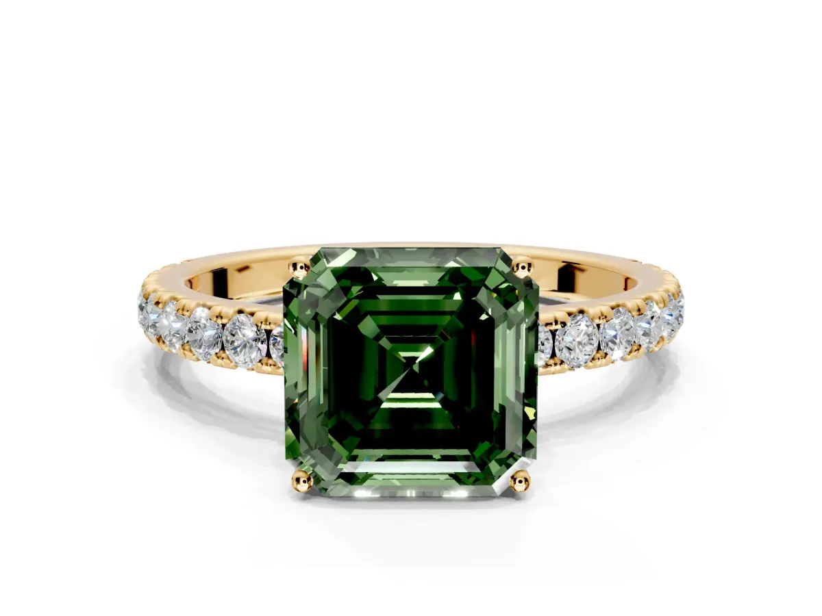 Solitaire Engagement Ring Setting for Fancy Green Asscher Cut Center with Large Accent Band and Prong Head in Yellow Gold