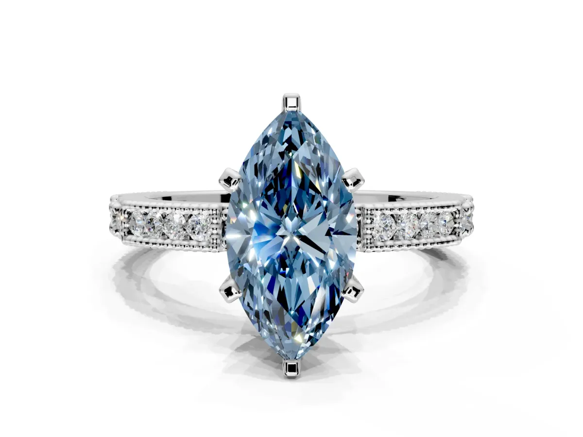 Solitaire Engagement Ring Setting for Fancy Blue Marquise Center with Milgrain-Edged Pave Band and Prong Head in Sterling Silver