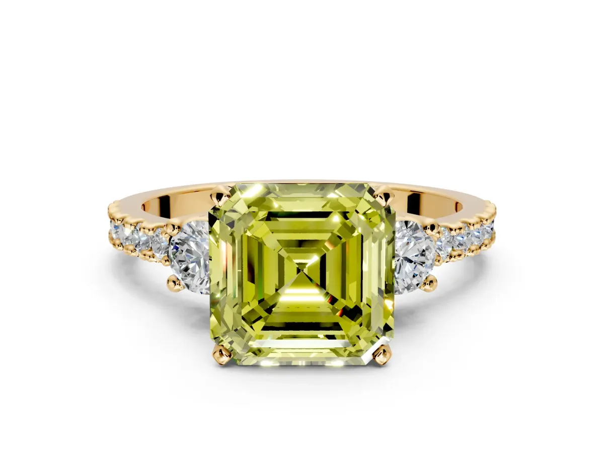 3 Stone Engagement Ring Setting for Fancy Yellow Asscher Cut Center with Round Cut Side Accents and Prong Head in Yellow Gold