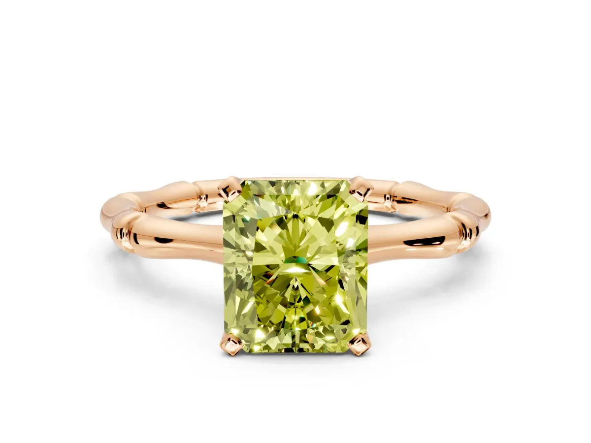 Solitaire Engagement Ring Setting for Fancy Yellow Radiant Cut Center with Bamboo Band and Prong Head in Rose Gold