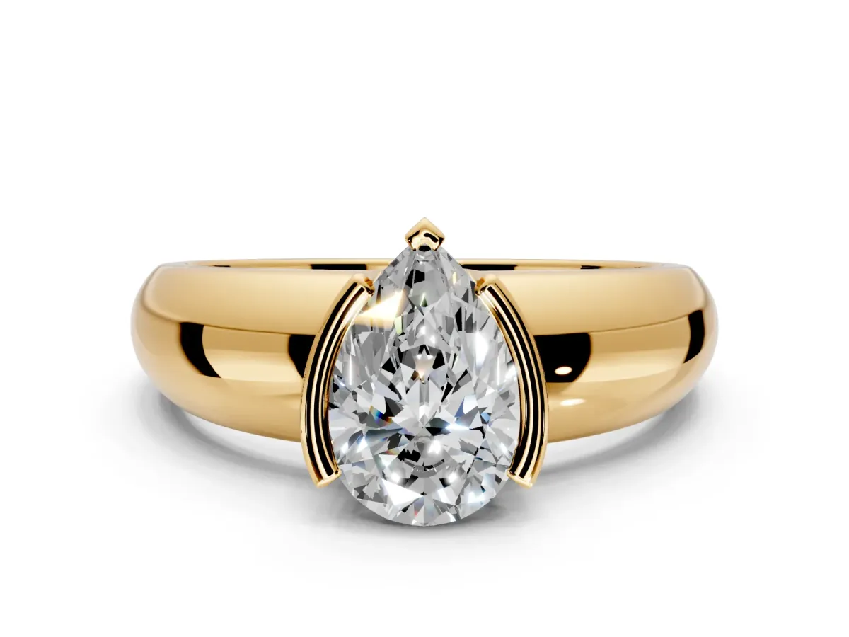 Tension Engagement Ring Setting for Pear-Shaped Center with Wide Flat Band and Tension Head in Yellow Gold
