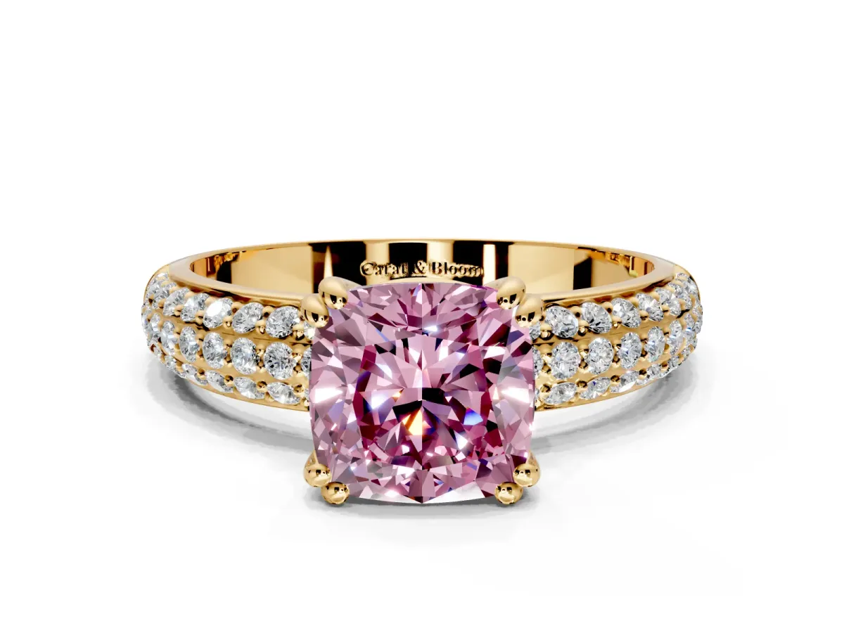 Solitaire Engagement Ring Setting for Fancy Pink Cushion Cut Center with Multi-Row Pave Accents and Basket Head in Yellow Gold