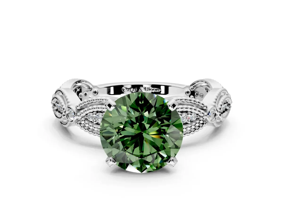 Solitaire Engagement Ring Setting for Fancy Green Round Cut Center with Marquise Panel Band and Prong Head in Sterling Silver