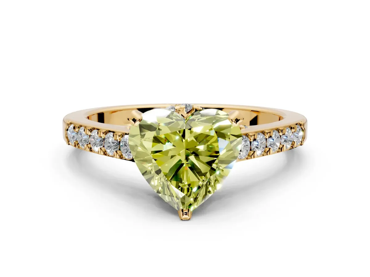 Solitaire Engagement Ring Setting for Fancy Yellow Heart-Shaped Center with Crossover Accents and Prong Head in Yellow Gold