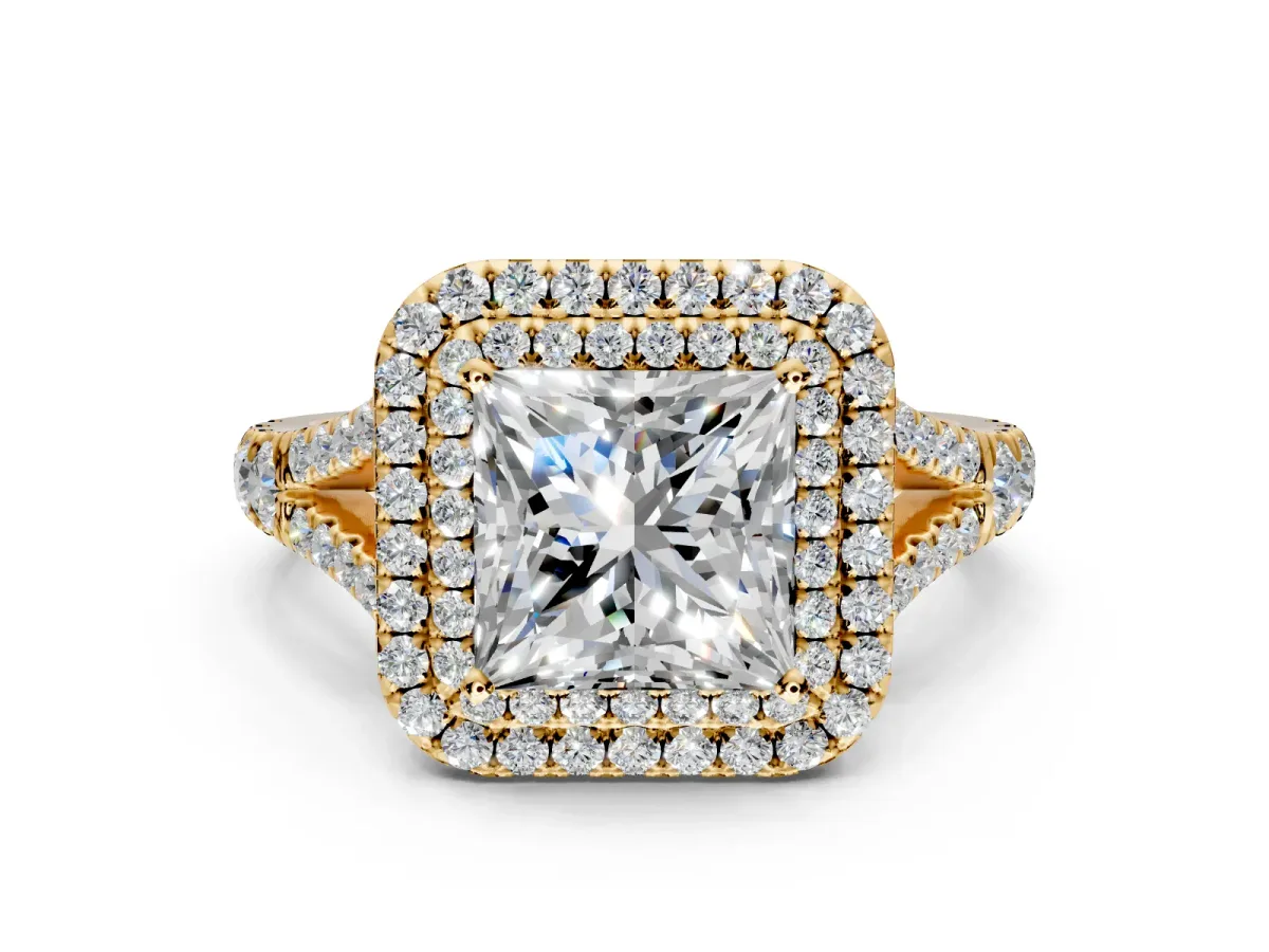 Double Halo Engagement Ring Setting for Princess Cut Center with Narrow Pave Split Shank and Prong Head in Yellow Gold